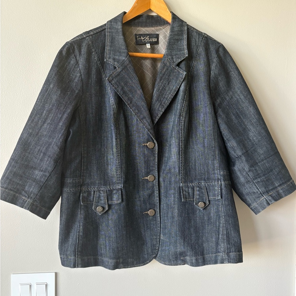 L.A. Blues  Blue Denim Jean Jacket Women’s Plus Size 22 Front Button 3/4 Sleeve